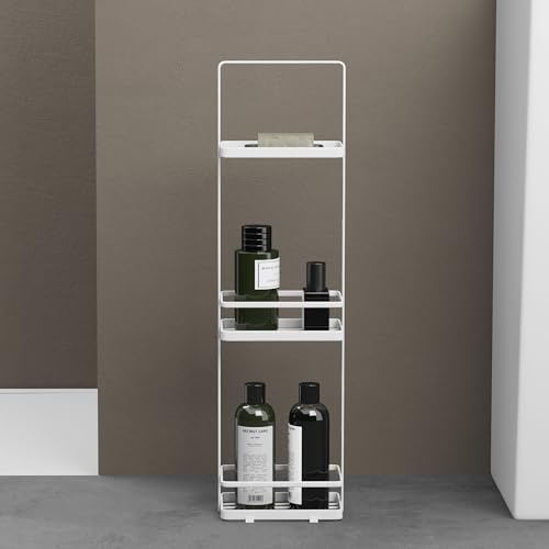 doporro Duschregal stehend Weiß, schmales Badregal Metall, 3 Ablagen | Freistehendes Badezimmerregal, schmales Standregal, Duschablage ohne Bohren, Badablage für Bad, Dusche, WC&Nischen, Reglo-02