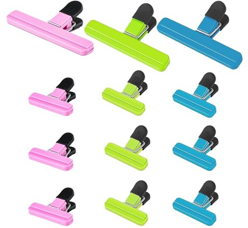 12Pcs Food Bag Clips - 3 Large + 9 Small Airtight Sealing Clips for Kitchen, Moisture-Proof T-Type Plastic Kitchen Clip for Snacks, Chips, Flour & Freezer Food Storage to Keep Fresh