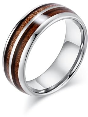 Grewod Ring Wolfram, Damen Herren 8mm Silber Dome Design Holz Verlobungsringe Hochzeitsringe Größe 60 (19.1)
