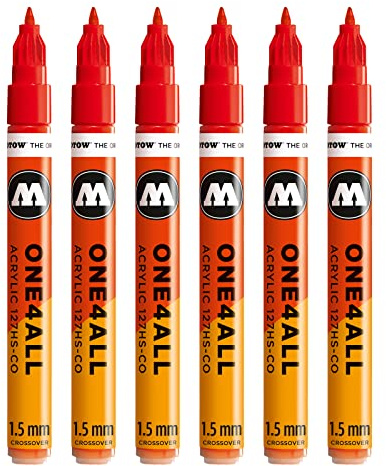Molotow One4All 127HS-CO Acryl Marker 6 Stück, Farbe 013 verkehrsrot | 1,5 mm Strichstärke, hochdeckend und permanent, schnell trocknend, UV-beständig, nachfüllbar, für fast alle Untergründe