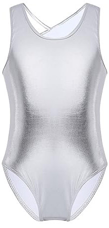 Freebily Mädchen Kinder Turnanzug Glitzer Gymnastikanzug Ärmellos Tanz Leoatrd Ballett Body Sport Wettbewerb Tanz Outfit Gr.98-164 Silber 140-152