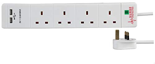 Pro Elec 4 Way 2 USB Surge Protected Extension Lead, 3m, White
