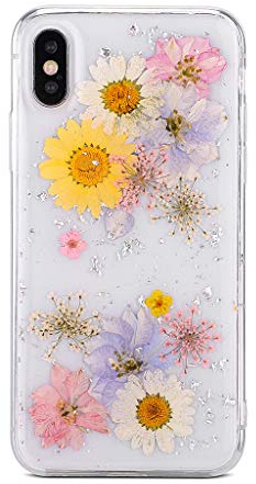 Bakicey für iPhone 8 Plus Hülle, iPhone 7 Plus Handyhülle Getrocknete Blumen Kristall Gel Schutzhülle Handgefertigt Immerwährende Blume Bumper Case Cover Schale für iPhone 8 Plus Gelb 06