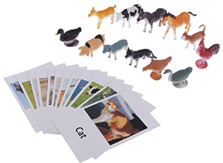 CUTICATE 24-TLG Kinder Montessori Lernspiel, Tierfiguren / Insekte Modell Spielzeugfiguren und Fotokarten Wortschatz-Lernkarten zur Sprachförderung - Bauernhof Tiere