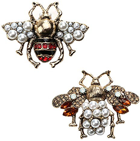 CAREOR 2 Stück Strass-Perle Hummel Brosche Pins Honigbiene Anhänger/Brosche Mode Kristall Insektennadeln Gold oder Silber für Frauen (Perlenschwanz + Perlenflügel)