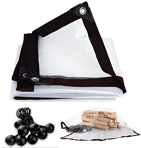 2m x 3m Clear Tarpaulin Waterproof Heavy Duty Clear Tarpaulin Sheet Transparent Clear Tarps Sheet Cover with Eyelets Bungees Ball Cord Plant Tarps Cover for Camping Fishing Gardening