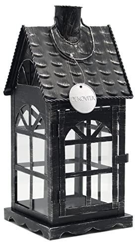 Dekovita 35cm Metall-Laterne Lichthaus - Gartenlaterne mit Glas-Scheiben - Windlicht Haus Deko-Laterne