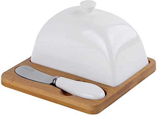 Mantequera Caja de plato de mantequilla de cerámica Pastel de bambú Bandeja de madera con cuchillo de mantequilla Alimento de plato Caja de la bandeja de la bandeja Caja de almacenamiento de la cocina