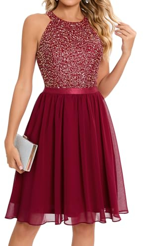 Bbonlinedress Festliches Kleid Damen Pailletten Neckholder weihnachtskleid Cocktail Brautkleid Glitzer Party Abendkleider elegant Ballkleid Burgundy L