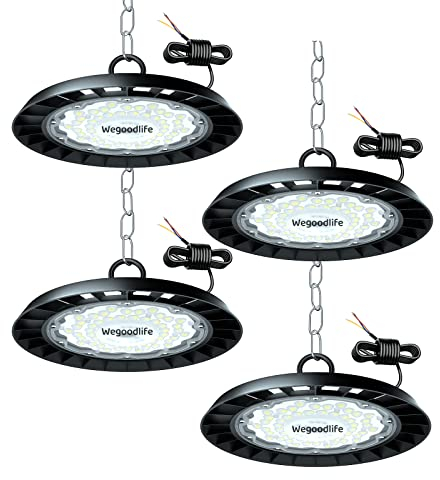 Wegoodlife 4er UFO LED High Bay Light, 10000LM Hallenstrahler, 6500K Kaltweiß Werkstattlampe, IP65 Wasserdicht Industrielampe, 120°Abstrahlwinkel Garagenleuchte für Fabrik, Werkstatt, Baustelle
