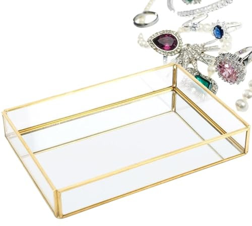 Mokernali Glas Schmuckbox Gold, Vintage Metall Glas Aufbewahrungsbox, 30×20×5.5cm, leichtgewichtig, Messingkanten, zur Präsentation Ihrer Schmuckstücke, Kleinigkeiten und Erinnerungsstücke(L)