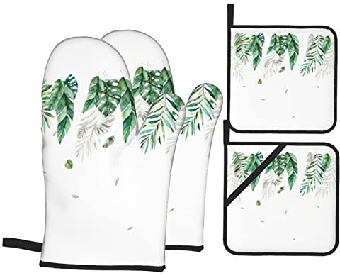 Ensembles de Gants de Four et de Porte-casseroles, Gant de Cuisine et manique à Motif de Feuilles de Dessin animé, 4 pièces pour la Cuisson du Barbecue