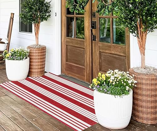 HOXCIK Teppich für die Veranda, 61 x 130 cm, rot und weiß gestreift, waschbar, für Eingangstür, Eingangsbereich, Baumwolle, handgewebt, wendbar, für Küche, Bad, Wohnzimmer, BlackwhiterugA2