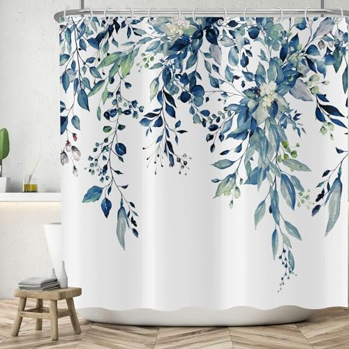 ASDCXZ Blätter Duschvorhang 180x220 cm, Frühling Einfachheit Handgemalt Blau Blätter Weiß Bad Waschbar Duschvorhänge Polyester Textil Wasserdicht Badevorhang für Badewanne mit 12 Haken