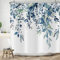 ASDCXZ Blätter Duschvorhang 180x220 cm, Frühling Einfachheit Handgemalt Blau Blätter Weiß Bad Waschbar Duschvorhänge Polyester Textil Wasserdicht Badevorhang für Badewanne mit 12 Haken
