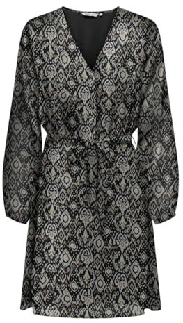 ONLY Mini Blusen Kleid Langarm Mesh Tunika Print Dress Oberschenkellang mit Geknöpftem V-Neck ONLCERA, Farben:Braun-2, Größe:S