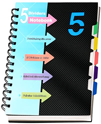 CAGIE A4 Notizbuch mit Register Liniert Spiralbindung 220 Seiten (110 Blatt) Klein Spirale Notizblock Block mit Register für Arbeit Office Schule College Essentials, Schwarz, 21.8x 28.5 cm