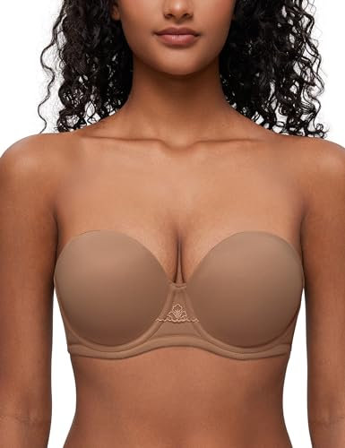 Deyllo Women's Strapless Bra Padded Cup Push Up Plus Size Full Coverage Underwire Support(Milky Coffee,40G)