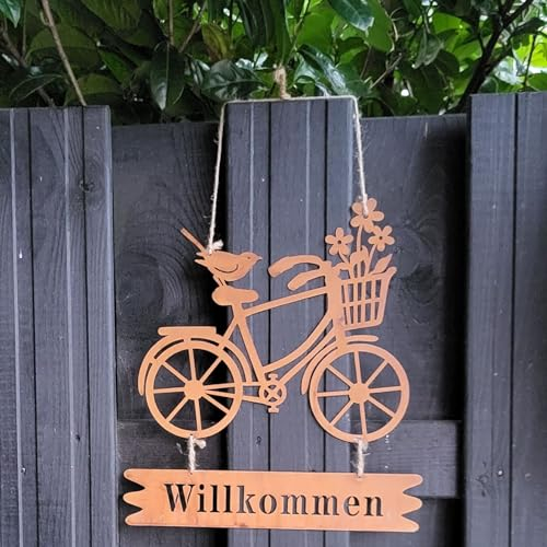 Edelrost-Fahrrad mit Willkommensschild - 25,5x27,5cm - in Rostoptik, Blumenkorb - Vogel - Metall, Herren Fahrrad