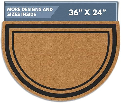 Barnyard Designs Natural Coco Coir Heavy Duty Backing Doormat - Large Cute Non-Slip Front Door Welcome Mat for Outside Entrance or Porch Entry, Half Moon, Brown (Border, 24 x 36)