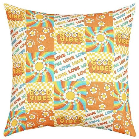2Er Set Sofakissenbezug Individualität Kissenhülle Weich Kissen Fall Für Patio Garten Wohnzimmer 45X45Cm Retro Hippie Flower 60S 70S Groovy Orange Flowers Themed Plaid