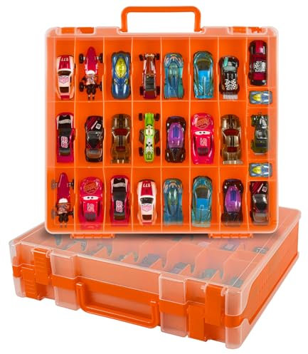 Spielzeugautoaufbewahrung, Organizer, kompatibel mit Hot Wheels/für Matchbox-Autos, Display-Tragebehälterhalter für LOL Surprise Puppen/für Shopkins mit 48 Fächern, doppelseitig, Orange (nur Box)