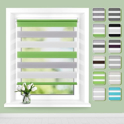 Buseu Doppelrollo Klemmfix ohne Bohren 40 x 140cm(Stoffbreite 35cm) | Grün-grau-weiß Klemmrollo Duo Rollos für Fenster innen, Sichtschutz Sonnenschutz Feuchtbeständig, Einfache Montage für Küche