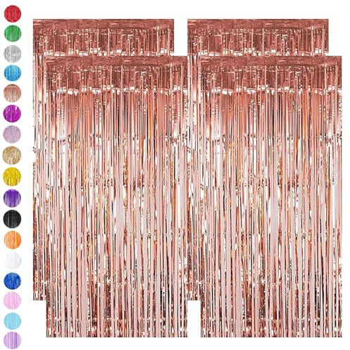 Rose Gold Tinsel Curtain Party Backdrop,4pcs 3.2ft x 6.5ft Foil Curtain Decorations,Foil Fringe Streamers Metallic Tinsel Door Hanging Foil Flow Silk Streamers for Birthday Wedding Holiday Party