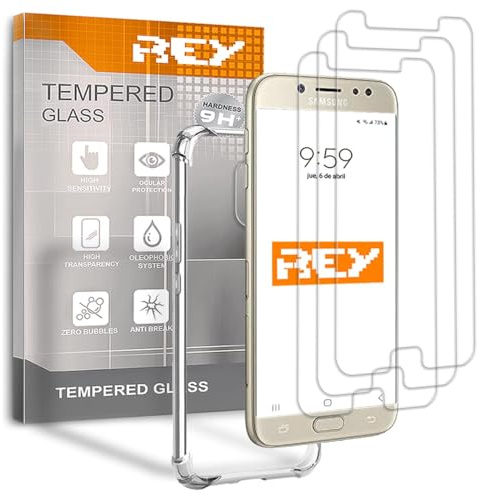 REY 3X Protector de Pantalla y Funda Anti-Shock para Samsung Galaxy J7 2017, Cristal Vidrio Templado y Silicona TPU de Alta Resistencia