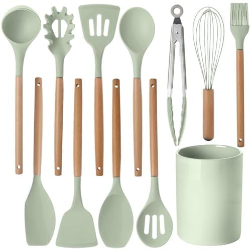 12 Pcs Kitchen Utensil Set, Silicone Cooking Utensils Set with Wooden Handle, Heat Resistant, Nonstick Cookware Tongs Spatula Spoon Set with Storage Bucket for Home, Camping, Dishwasher Safe (Green)