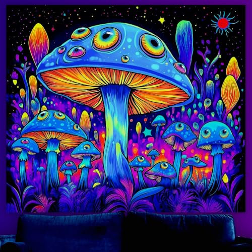 WEBEEDY Glow In The Dark Pilz Tapisserie Mit Mysteriösen Augen Wandteppiche UV Reaktive Bunte Blumen Schwarzlicht Poster Wanddekoration Für Schlafzimmer Wohnzimmer Ästhetik 130x150cm