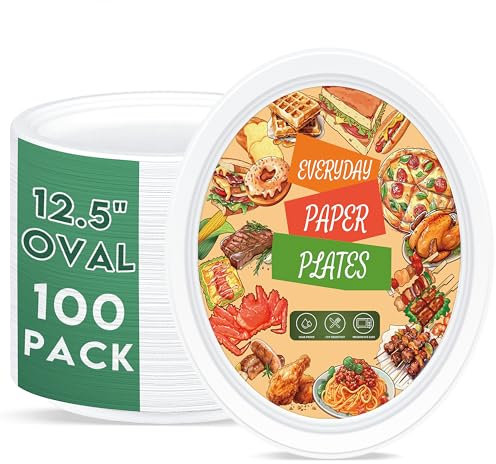 ZOES HOMEWARE 100% Compostable Oval Paper Plates 12 inch Bulk 100 Count, Heavy Duty Large Disposable Plates, Eco-Renewable Sugarcane Pulp Plates for Party,Dinner& Daily Use, White