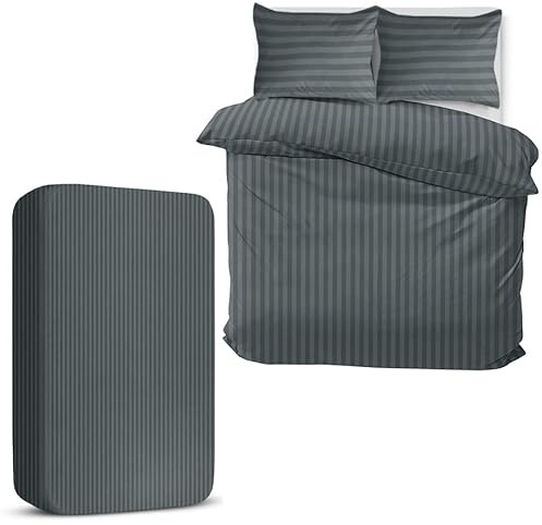 MOONLIGHT20015 King Size Duvet Cover Sets 4 Piece Satin Stripe Duvet Covers Soft Brushed Microfiber Bedding Set with Fitted Sheet & 2 Pillow Cases (Charcoal, 230x220 cm)