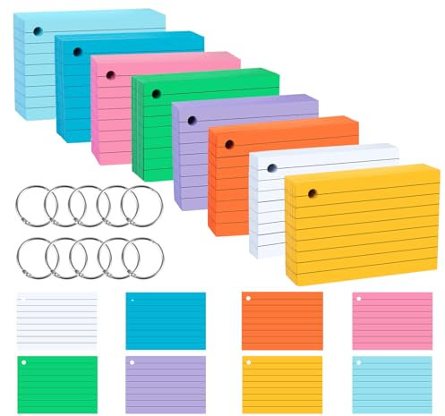 Agoer Karteikarten A7 mit Metallringen Liniert,400 Stück Set in 8 Farben Vokabelkarten Bunt - Beidseitig Liniert Flashcards mit Ring für Studienaufzeichnung, Unterwegs, Vokabel Lernen