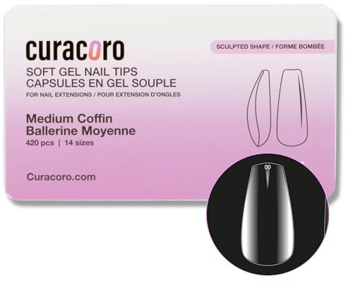 Curacoro Sculpted Nail Soft Gel Tips - 420Pcs Soft Gel Nail Extension Tips, 14 Sizes Clear Full Cover Fake Nails for Extension, Long-Lasting Salon Quality, Natural Look (Coffin, Medium)