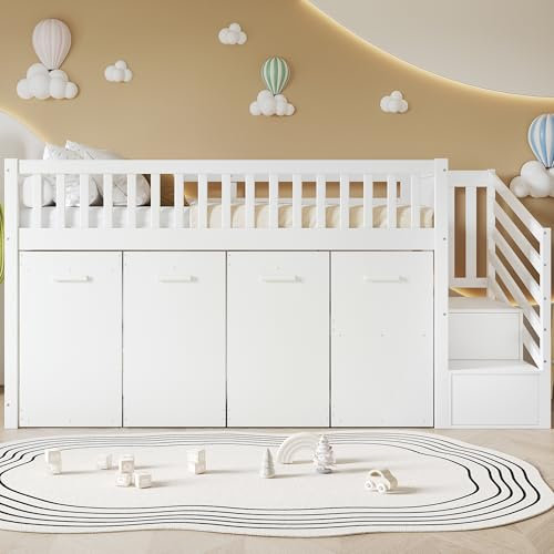 FAYICIC 90x200cm, Weiß,Etagenbett, Multifunktionsbett, Hochbett mit Schreibtisch und Schrank, Ausziehbarer Schreibtisch Kinderhochbett, Bett mit Schreibtisch, Kinder Bett