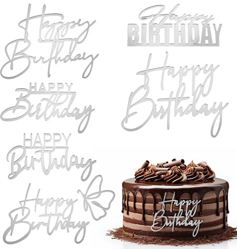 6 Stück Happy Birthday Tortendeko Silber Cake Topper Geburtstag Tortenaufsätze Happy Birthday Acryl Kuchenaufsätze Tortenschilder Besondere Tortenaufsätze zum Happy Birthday Cake Topper Geburtstag