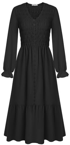 Womens Elegant V Neck Long Sleeve Dress Romantic Ruffle Country Style Maxi Dress with Pockets Black M