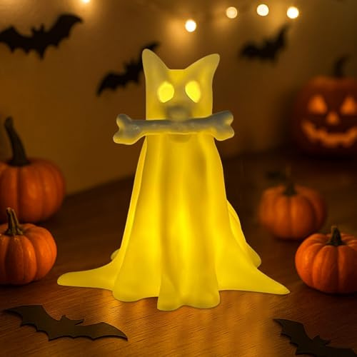 Halloween Deko Geister Figuren mit LED Licht, Niedliche Katzen Hund Geist Harz Statue, Halloween Led Geisterfigur, Leuchtende Geist Deko Figur, Helloween Beleuchtung Dekoration für Geschenk Tischdeko