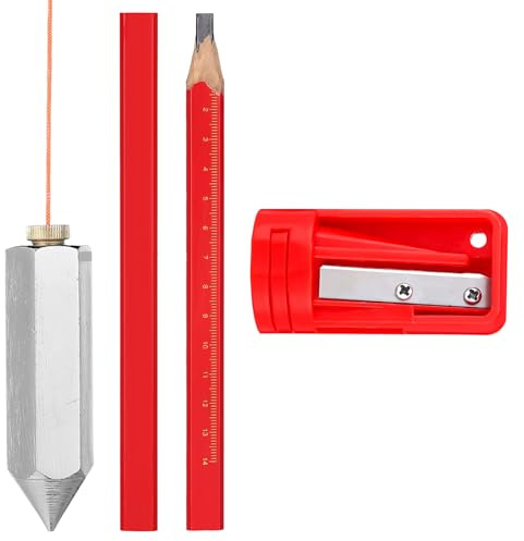 Leriton 8 oz Brass Plumb Bob with Replaceable Steel Tip 20 ft String & Hook 2 Carpenter Pencils & Sharpener Accurate Measuring Plum Bob Tool for Contractors Masons DIY Building Surveying (Hexagonal)