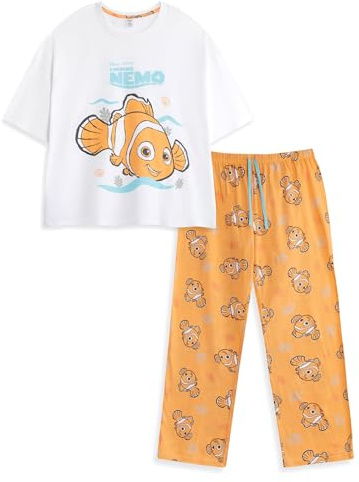 Disney Findet Nemo Damen-Pyjama-Set mit kurzen Ärmeln und Langen Beinen | Orangefarbene Nachtwäsche und Loungewear mit Tiermuster | Pyjamas mit Rundhalsausschnitt zum Entspannen und Schlafengehen