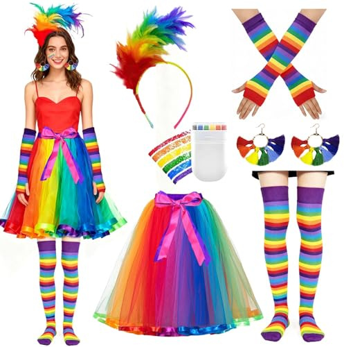 Regenbogen Kostüm Damen Karneval Bunter Tüllrock Lang Feder Haarreif Handschuhe Ohrringe Socken Regenbogen Rock Kleid Damen für Karneval,Fasching,Mottoparty
