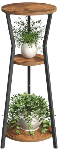 MAHANCRIS Plant Stand Indoor, Tall Plant Stand, Wooden Plant Shelf | 3-Tier Round Flower Shelf, 90 cm Tall Plant Table for Living Room, Balcony, Corner Display, Rustic Brown and Black
