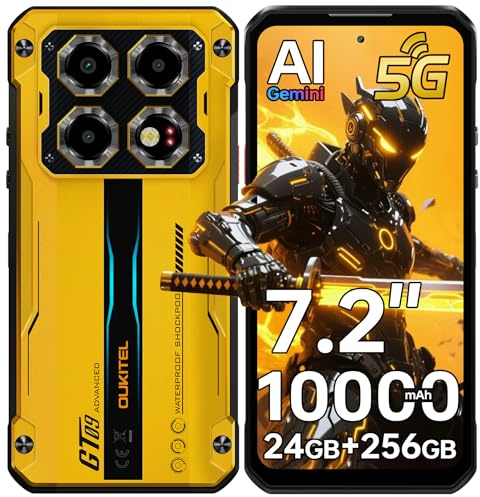 OUKITEL WP60 Rugged Smartphone 5G, 24GB+256GB/1TB Telefono Indistruttibile, 7.2 HD+ Rugged Phone, 108MP Telefono Rugged, 10000mAh Cellulare Antiurto, 5G Dual SIM/Face ID/NFC/Fingerprint, Giallo