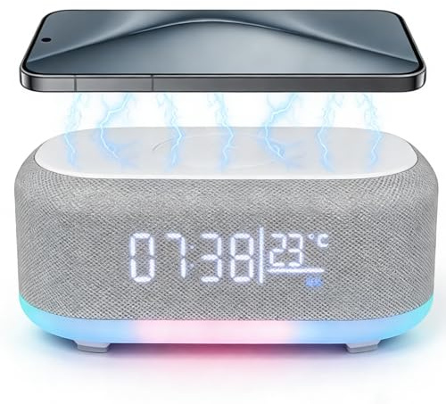 GBKDQQ Radio despertador digital con estación de carga inalámbrica, cargador rápido inalámbrico de 15 W, despertador Bluetooth, luz nocturna de 9 colores con cargador USB, despertador inteligente para