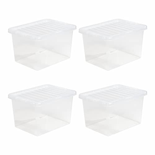 Eason Bros 4 x 24L Crystal Clear Plastic Storage Boxes with Lids – Stackable Heavy Duty Transparent Containers for Home, Office, Garage, Clothes, Tools & Decorations (24L Litre)