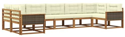 vidaXL Outdoor-Sofagarnitur mit Kissen 7 pcs Natur und Creme, Modernes Ecksofa-Set, stylische Gartenlounge, Möbel für Terrasse, wetterfest am Pool