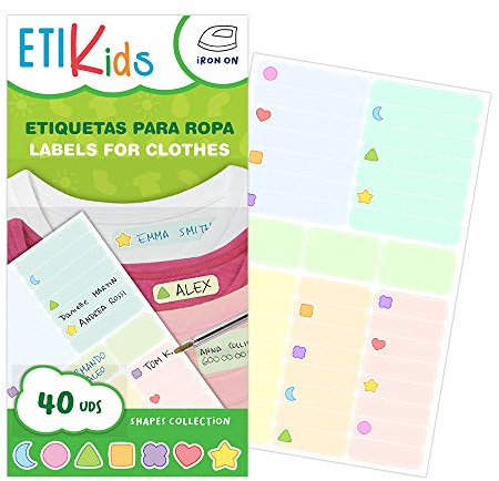 ETIKIDS 40 Etiquetas para ropa personalizables para la guardería y colegio. Pegatinas termoadhesivas con dibujos para escribir el nombre con bolígrafo resistentes a la lavadora y secadora. (Formas)