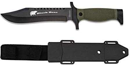 Cuchillo Supervivencia BLACK BEAR con funda incluida 18 cm para Caza, Pesca, Camping, Outdoor, Supervivencia y Bushcraft Albainox 32467 + Portabotellas de regalo