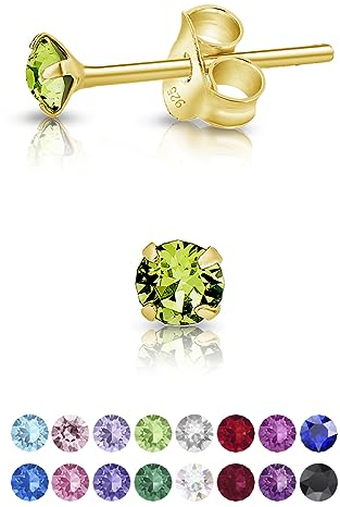DTPsilver - Winzige Ohrringe 925 Sterling Silber Gelb Vergoldet mit Kristallen von Swarovski® Elements Runde Sehr kleine Ohrstecker - Durchmesser 3 mm - Farbe : Peridot